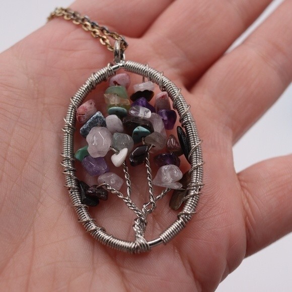 Handmade Multi-Colored Stone Wire Tree of Life Pendant Necklace Tarnished Chain - Picture 5 of 6